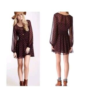 Free People $128 SMALL Baby Dee Maroon Chiffon Long Sleeve Fit & Flare Dress B17